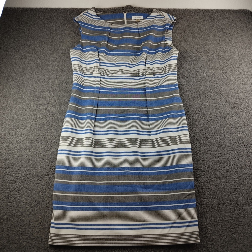 Calvin Klein Dress Womens 14 Sheath Blue White Grey Striped Sleeveless EUC